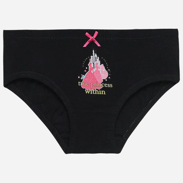 Girls black cotton underwear with pink princess graphic, castle print and bow, kids innerwear