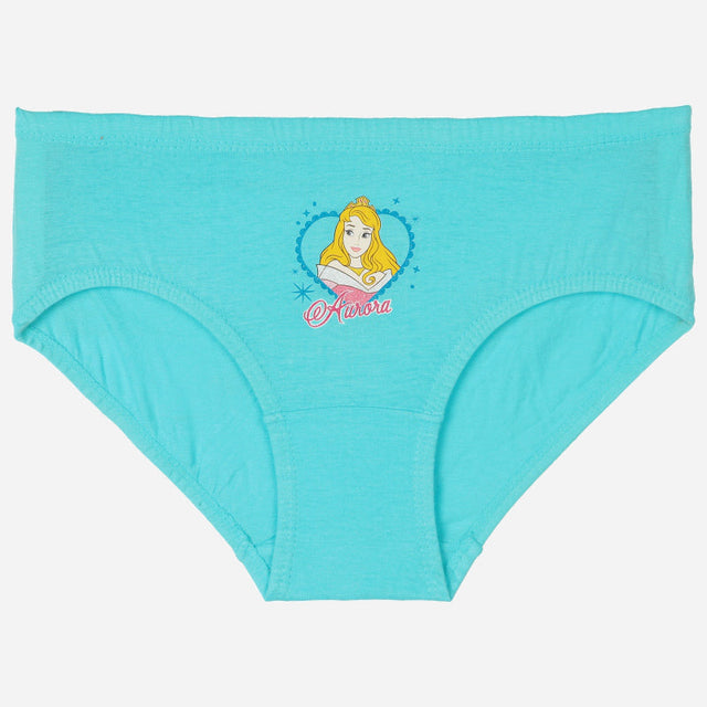 Aqua blue kids' brief with a cartoon princess print and 'Aurora' text on front, innerwear.