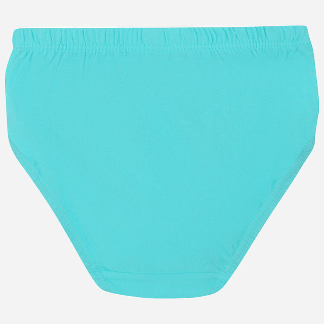 Aqua blue kids cotton brief with elastic waistband, displayed on white background.