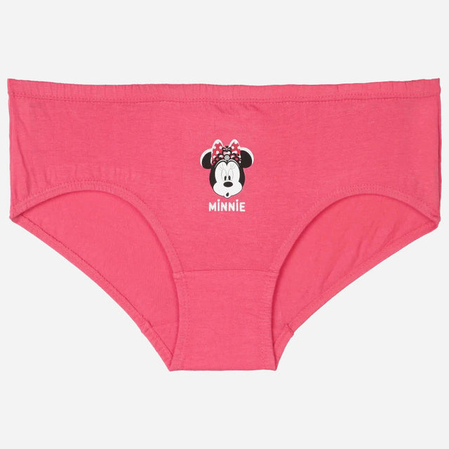 Pink girls' cotton brief with Minnie Mouse print, kids innerwear, front view on white background