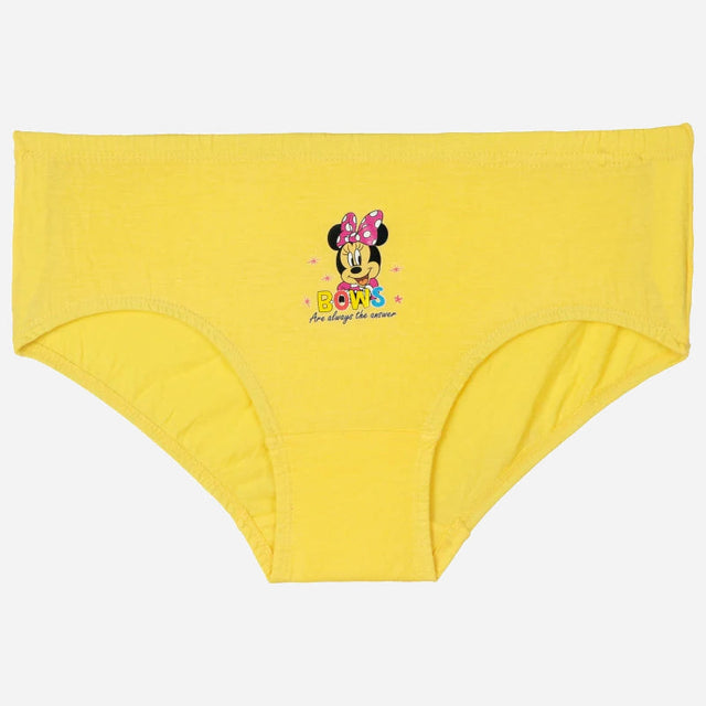 Yellow girls' briefs featuring a cartoon mouse character and 'BOWS' print, kids innerwear