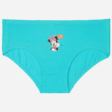 Aqua blue girls' cotton underwear with cartoon character print on the front, laid flat.