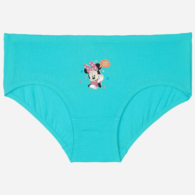 Aqua blue girls' cotton underwear with cartoon character print on the front, laid flat.