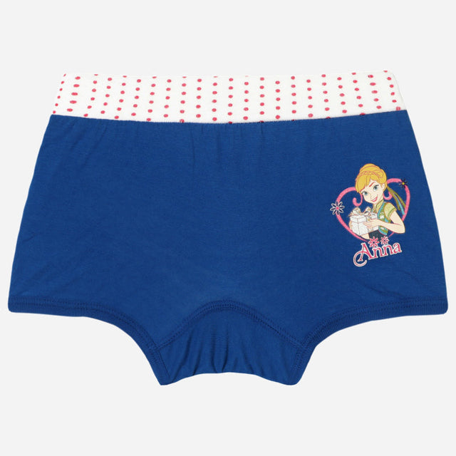 Blue girls' innerwear shorts with polka dot waistband and Anna cartoon print