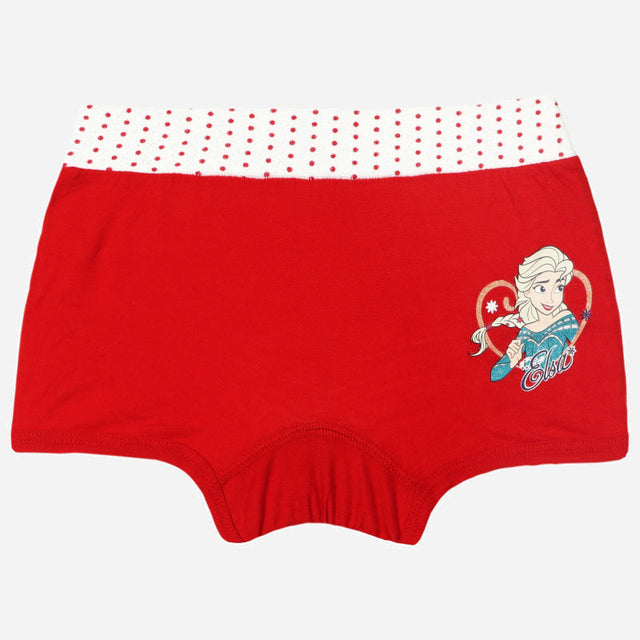 Red kids' boxer briefs with polka dot waistband and Elsa character graphic on front