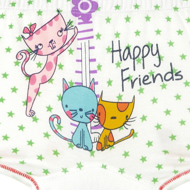 Kids underwear with colorful cartoon cats, green stars, and 'Happy Friends' text