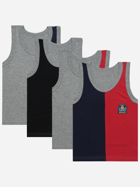Set of four boys' sleeveless vests in grey, black, red, and blue colorblock designs