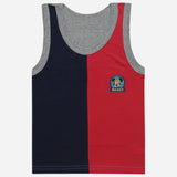 Kids sleeveless innerwear vest, navy and red colorblock, Mickey Mouse graphic, grey trim
