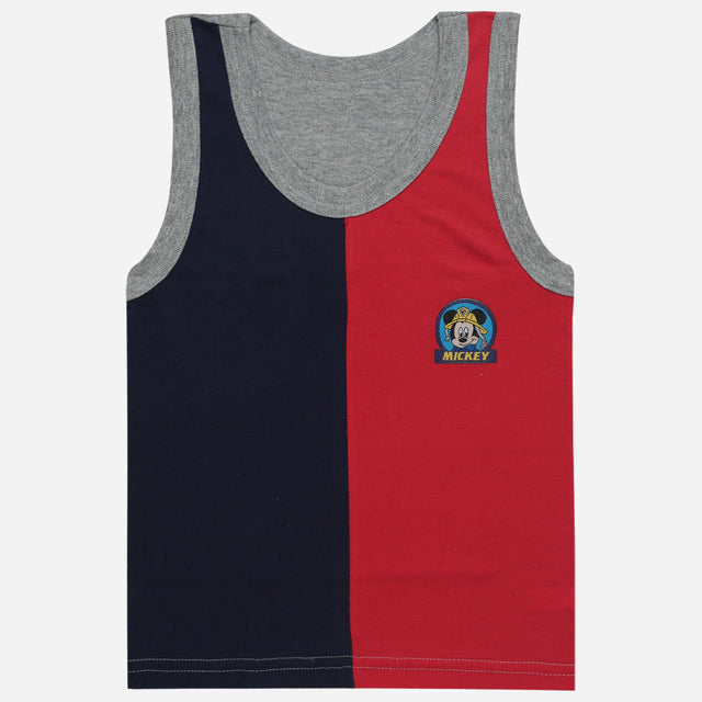 Kids sleeveless innerwear vest, navy and red colorblock, Mickey Mouse graphic, grey trim