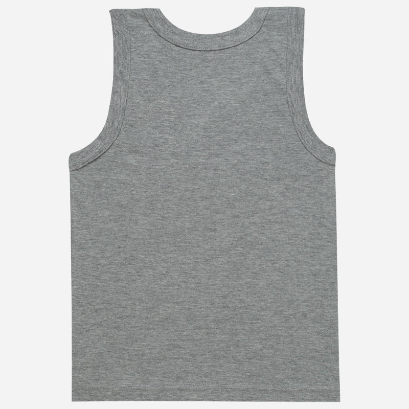 Gray sleeveless kids innerwear vest, soft cotton fabric, back view, on white background