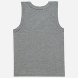 Gray sleeveless kids innerwear vest, soft cotton fabric, back view, on white background