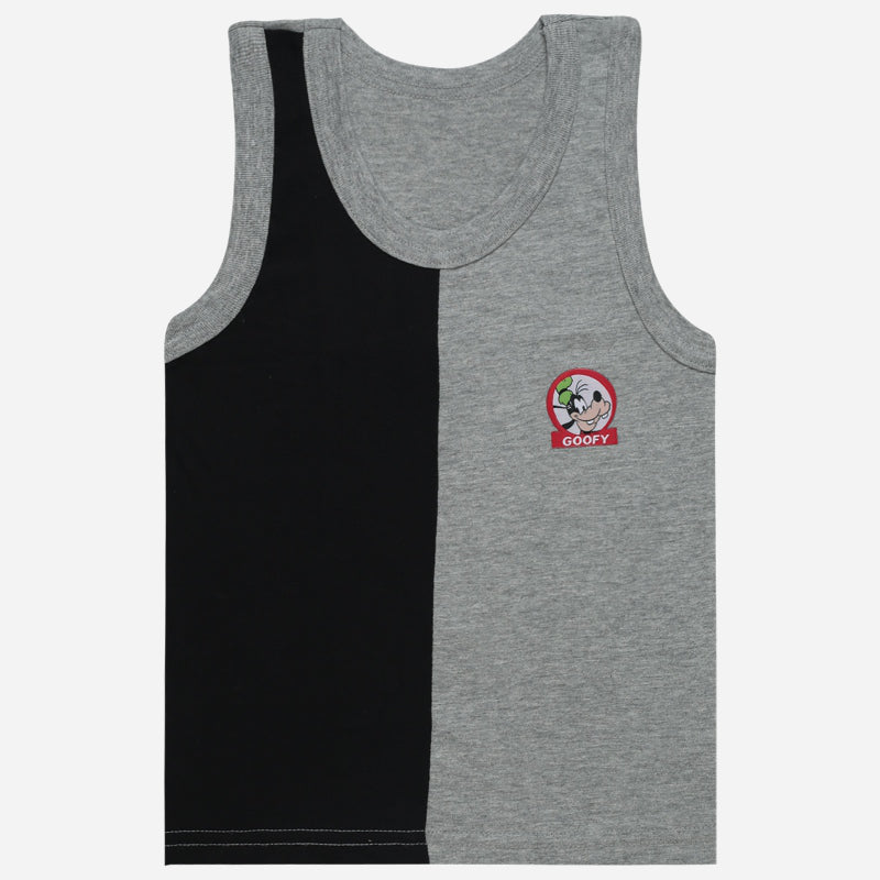 Kids sleeveless innerwear vest, grey and black color block, Goofy cartoon print on chest.