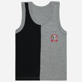 Kids sleeveless innerwear vest, grey and black color block, Goofy cartoon print on chest.