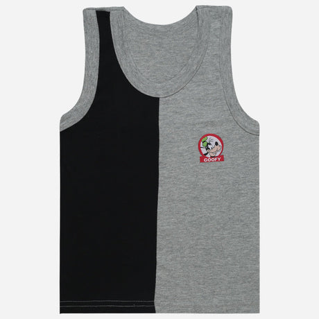 Kids sleeveless innerwear vest, grey and black color block, Goofy cartoon print on chest.