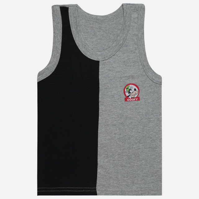 Kids sleeveless innerwear vest, grey and black color block, Goofy cartoon print on chest.