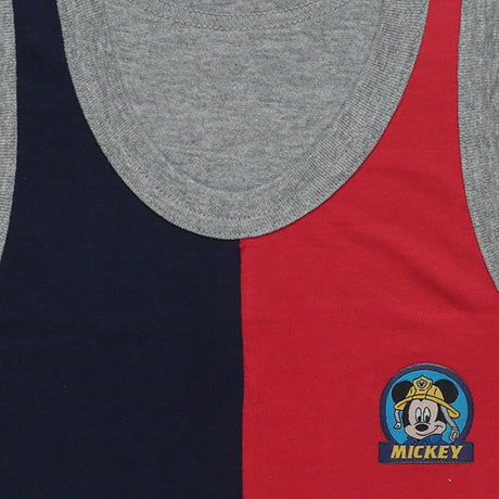 Kids sleeveless innerwear with grey neckline, navy and red panels, firefighter cartoon print