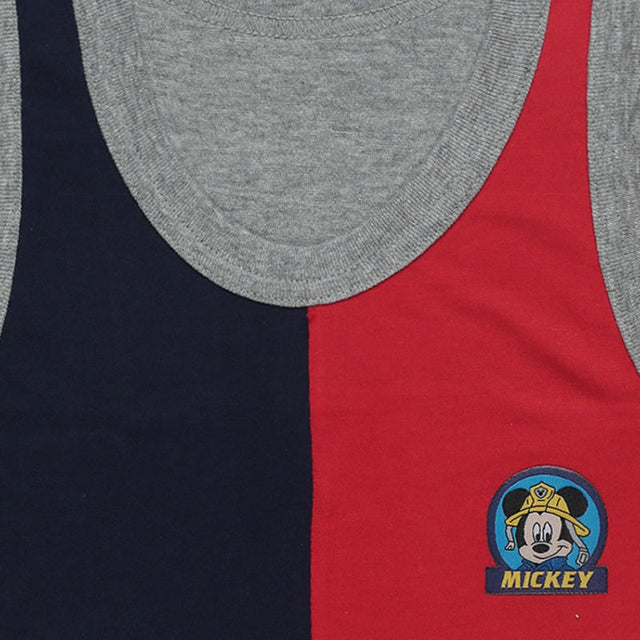 Kids sleeveless innerwear with grey neckline, navy and red panels, firefighter cartoon print