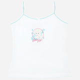 Girls white camisole with Queen Elsa print, blue trim, kids cotton innerwear top