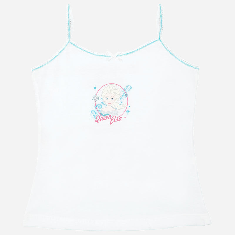 Girls white camisole with Queen Elsa print, blue trim, kids cotton innerwear top