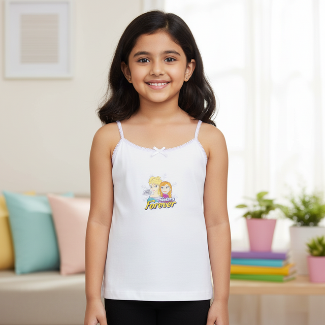 Smiling girl in white camisole with cartoon print, kids innerwear, comfortable fit