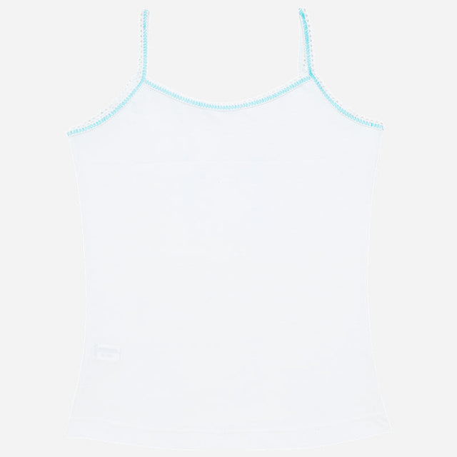 White kids camisole with thin straps and blue trim, soft cotton innerwear