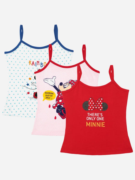 Set of three girls' camisoles with cartoon and Minnie Mouse prints, multicolor, sleeveless.