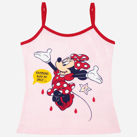 Pink sleeveless girls' camisole with cartoon character print and red trim, kids innerwear