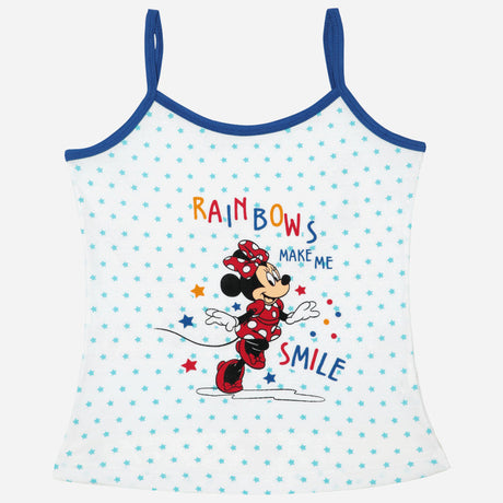 Kids white camisole with blue trim, Minnie Mouse and 'Rainbows Make Me Smile' print, star pattern