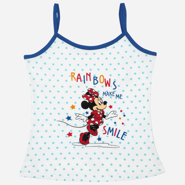 Kids white camisole with blue trim, Minnie Mouse and 'Rainbows Make Me Smile' print, star pattern