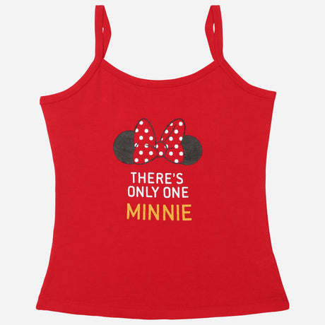 Red girls' camisole with Minnie Mouse bow and text, sleeveless kids innerwear