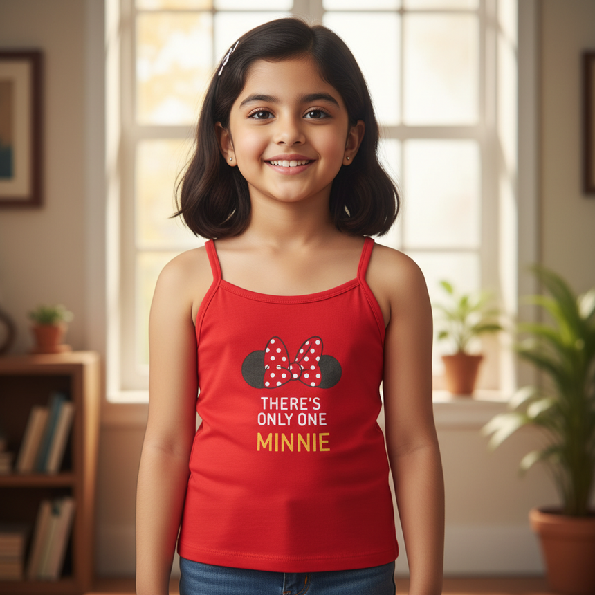 Smiling girl wearing red Minnie Mouse print camisole for kids in a cozy indoor setting.