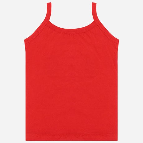 Red cotton kids camisole innerwear with thin straps on a plain background