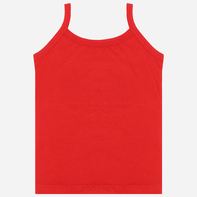Red cotton kids camisole innerwear with thin straps on a plain background