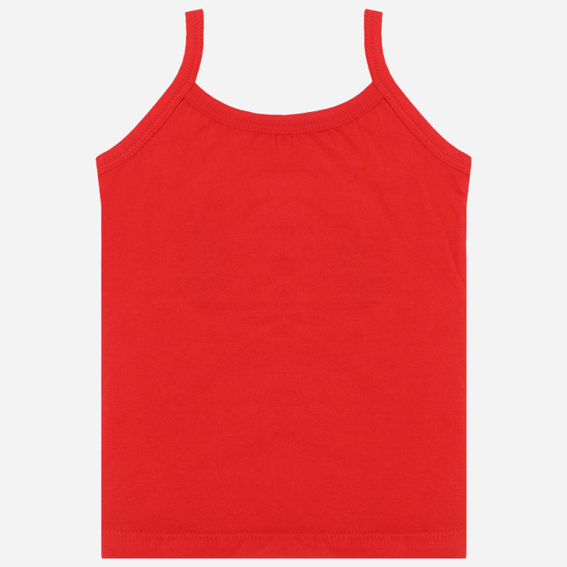Red cotton kids camisole innerwear with thin straps on a plain background