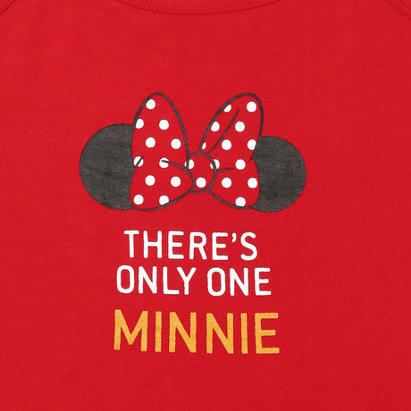 Red kids apparel with polka dot bow and text that reads 'There’s Only One Minnie'.