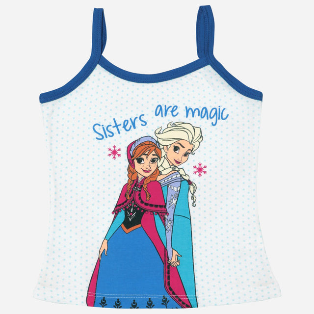 Girls' blue dotted camisole with cartoon sisters and 'Sisters are magic' text, innerwear