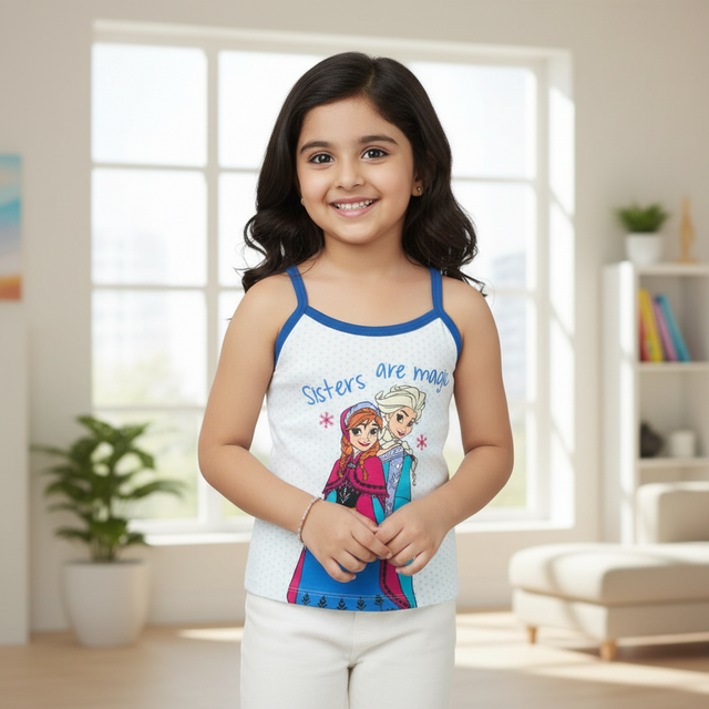 Smiling girl in a blue-trim kids camisole with cartoon characters and 'Sisters are magic' text