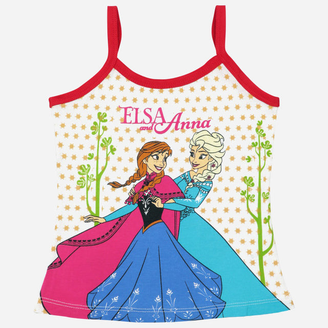 Kids camisole with Elsa and Anna Frozen print, red trim, and star pattern, innerwear top