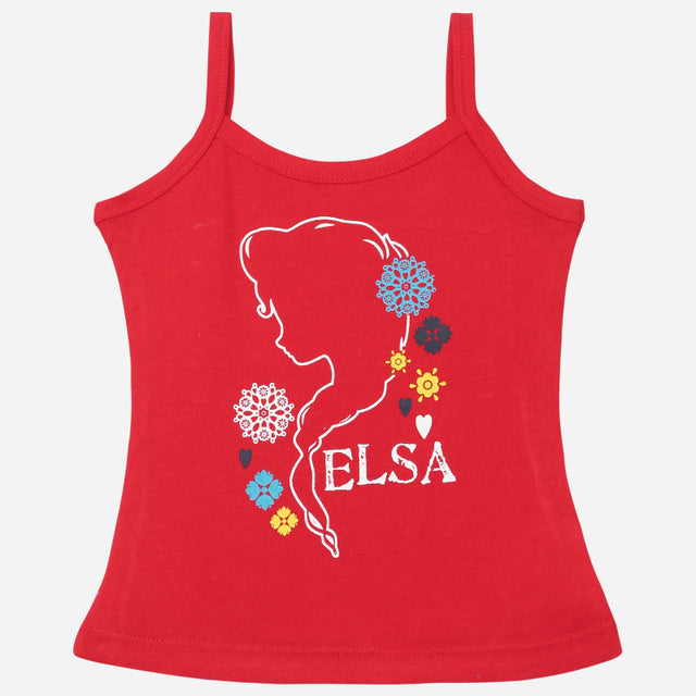 Red girls' camisole with Elsa silhouette and colorful snowflake prints