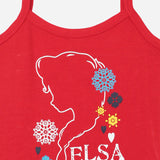 Red kids camisole with Elsa silhouette and colorful snowflake print on chest