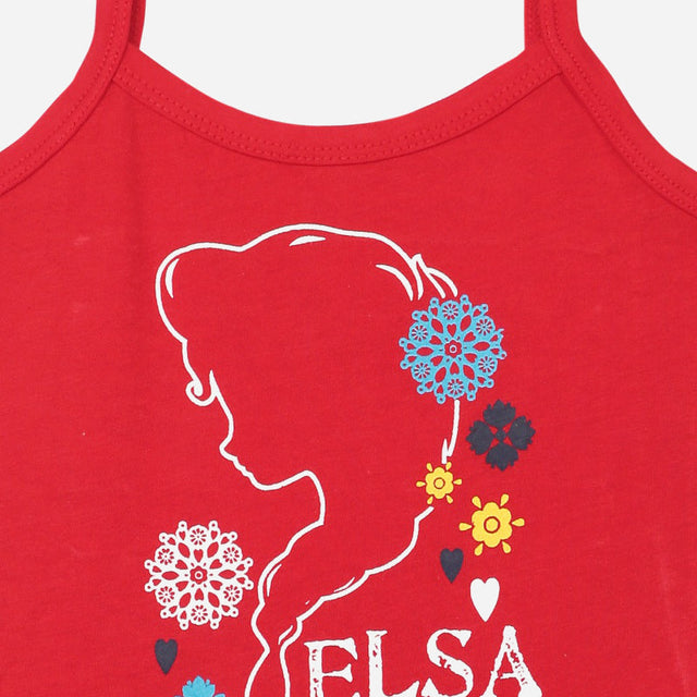 Red kids camisole with Elsa silhouette and colorful snowflake print on chest