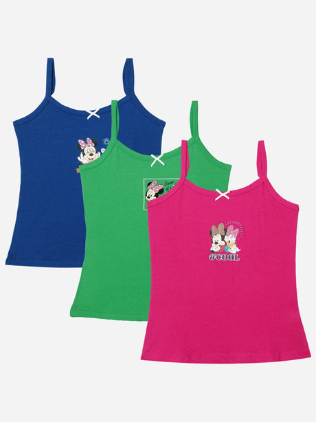 Set of three kids' camisoles in pink, green, and blue with cartoon prints and bow detail