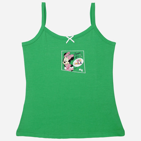 Green kids camisole with cartoon graphic and 'Owner of a Big Smile' text, thin straps