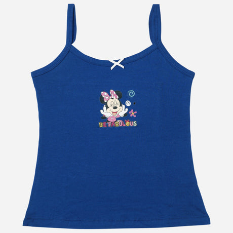 Blue kids camisole with cartoon print, spaghetti straps, and 'Be Fabulous' text.