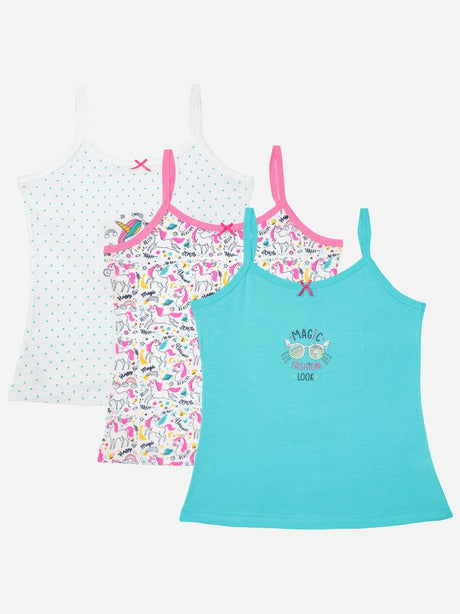 Girls' innerwear camisole pack of three with unicorn, polka dot, and teal prints.