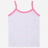 White kids camisole with pink straps, soft cotton innerwear, front view on plain background