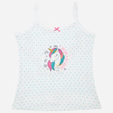 Girls' white camisole with blue polka dots and unicorn print, kids innerwear