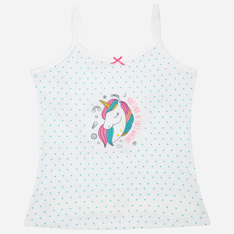 Girls' white camisole with blue polka dots and unicorn print, kids innerwear