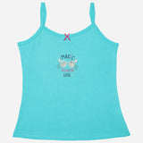 Aqua blue girls' camisole with spaghetti straps, pink bow, and 'Magic Fashion Look' graphic.