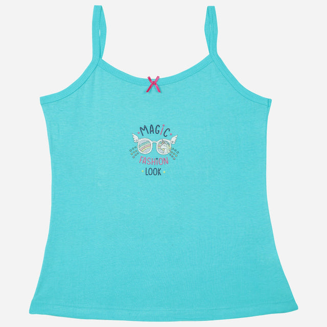 Aqua blue girls' camisole with spaghetti straps, pink bow, and 'Magic Fashion Look' graphic.